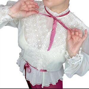 1970s Victorian Gunne Sax  Style Chiffon Lace Dress Blouse 2 Piece Set